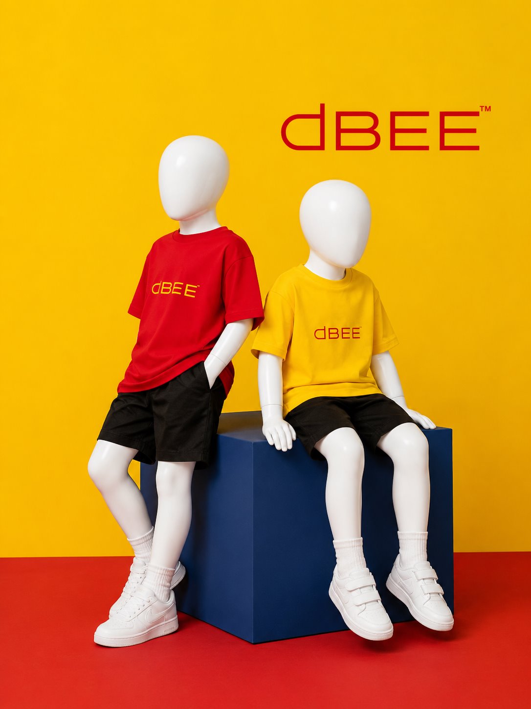 Red and yellow dBEE shirt concepts seated together